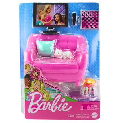 Barbie Indoor Furniture Playset, Living Room Includes Kitten, Furniture and Accessories for Movie and Game Night
