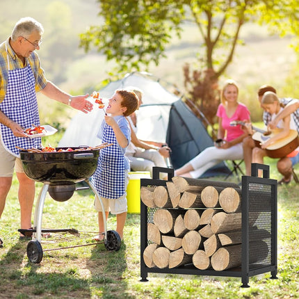 VyGrow Firewood Rack for Indoor, Heavy Duty Fire Wood Racks Holder, 17.32" Metal Wood Storage Log Holder with Leather Carrier, Small Firewood Stand for Fireplace Patio Deck, Black