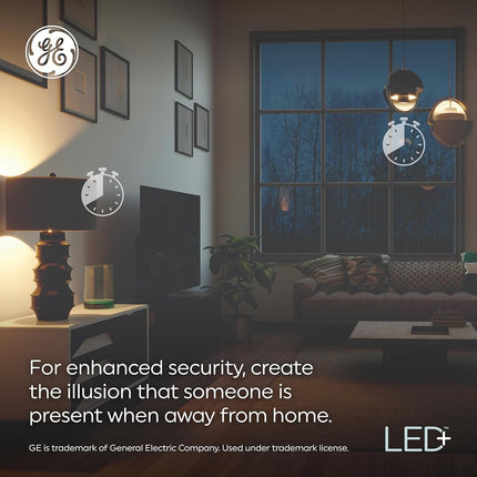 GE LED+ Timer A19 LED Light Bulbs, Built-in Automatic Indoor Timer Light, 8W, Soft White (4 Pack)