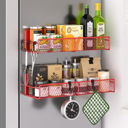 Magnetic Spice Rack for Refrigerator, 2 Pack 100% Metal Strong Magnet Shelf, Space Saving Spice Organizer W/ Hooks, Movable Magnetic Fridge Shelf, Kitchen Home Laundry Room Storage Organization, Red