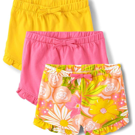 The Children's Place Baby Girls' Pull on Everyday Shorts 3 Pack, Yellow Floral 3-Pack, 12-18 Months