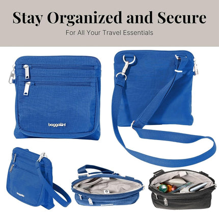 Baggallini Securtex Anti-Theft Crossbody 8.25" Small / 10" Large Travel Purse with RFID Card Slots & Cut-Resistant Strap, Lapis, Small 8.25"w x 8.25"h