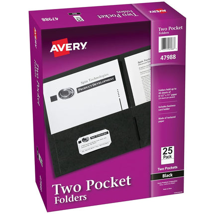 Avery Two Pocket Folders, Holds up to 40 Sheets, Business Card Slot, Case Pack of 125 Black Folders (47988)