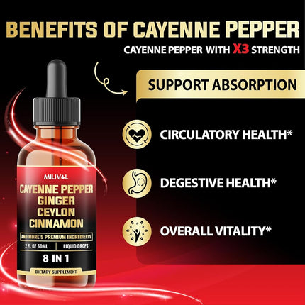 8in1 Cayenne Pepper Liquid Drops with Ginger, Ceylon Cinnamon and 5 More Herbals - Digestion, Circulatory Heath Support - 2 Fl Oz for 2 Months