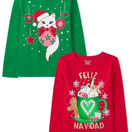 The Children's Place Girls' All Holidays Long Sleeve Graphic T-Shirts,multipacks, Xmas Feliz/Xmas Cat 2-Pack, X-Large