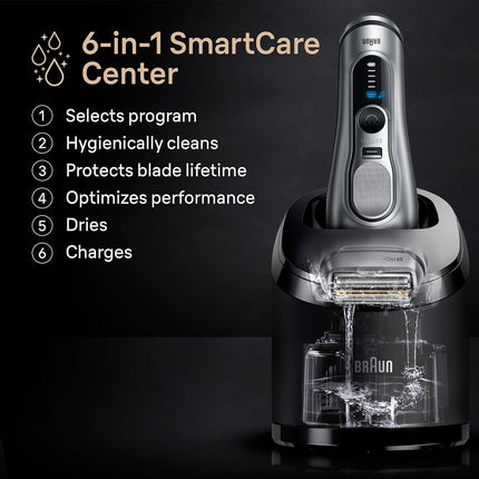 Afeitadora eléctrica Braun Series 9 PRO+ 9577cc para hombre, 5 elementos de afeitado Pro y recortadora de precisión para pelo largo, centro SmartCare 6 en 1, PowerCase para carga móvil, uso en seco y húmedo, 60 min de autonomía de batería