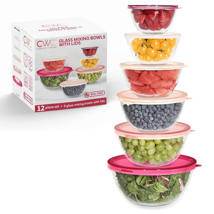 COOK WITH COLOR 12 Pc Glass Mixing Bowl Set with Lids – Borosilicate Glass Nesting Bowls for Cooking, Baking and Meal Prep, Rose