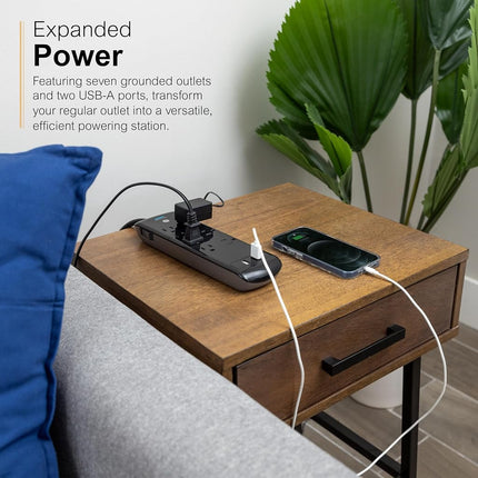 GE, Black, Strip Surge Protector Charger, 7 Outlets, 2 USB Ports, Fast Charge, Flat Plug, Long Power Cord, 3 Feet, Wall Mount, Warranty, 37054, 3 Ft