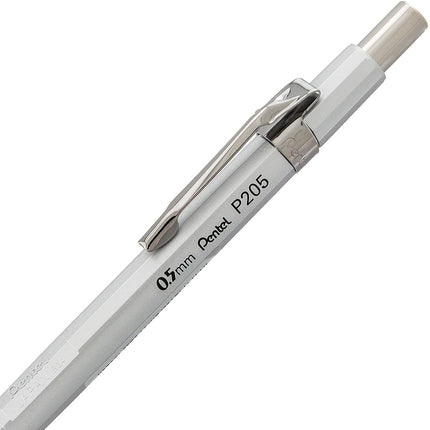 Portaminas Pentel Sharp (0.5 mm), cuerpo plateado metálico, caja de 12 (P205Z)