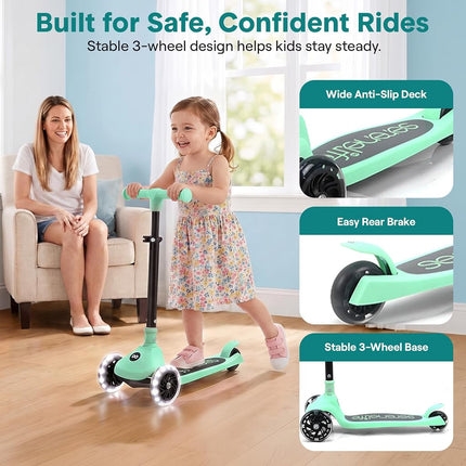 SereneLife Kids Scooter for Ages 3–7 – 3 Wheel Kick Scooter with Seat Option, Light-Up LED Wheels, Lean-to-Steer, Foldable, Adjustable Height, 50 kg Capacity