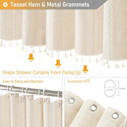 BTTN 60 x 84 Boho Linen Heavy Duty Cloth Shower Curtain Set, Cream/Beige