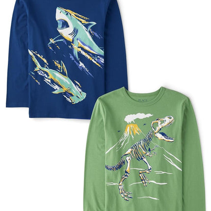 The Children's Place Boys' Dino Long Sleeve Graphic T-Shirts, Sharks/Dino Skeleton 2-Pack, Large