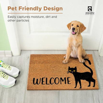 Black Cat- 17"x29" - Coir Door Mat with Heavy Duty Backing - Welcome Mats for Entryway, Porch - Anti-Slip PVC & Coconut Fiber Surface - Natural Home Accessories, Minimalist Original Design