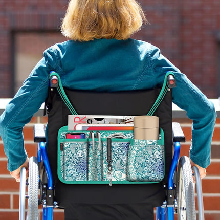 FINPAC Wheelchair Side Storage Bag w/Cup Holder, Wheelchair Armrest Accessories Pouch with Pen Slot and Reflective Strips for Power Walkers, Rollators, Seniors - Emerald Illusions