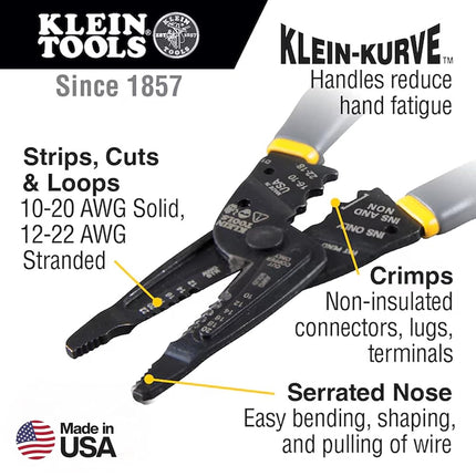 Klein Tools 1009 Multi-Purpose Electrician Tool - Wire Stripper, Crimping & Cutting Tool, Gray/Yellow