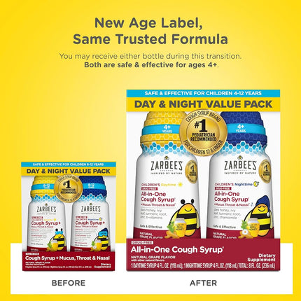 Zarbee’s Kids All-in-One Day/Night Cough Value Pack for Children 6-12 with Dark Honey, Turmeric, B-Vitamins & Zinc, #1 Pediatrician Recommended, Drug & Alcohol-Free, Grape Flavor, 2x4FL Oz