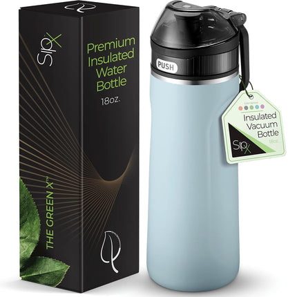 Botella de agua de acero inoxidable SipX™ de triple aislamiento - 18oz. Con tapa de pajita, botella de agua aislada reutilizable sin BPA que mantiene el frío durante 12 horas, botella de agua de metal hecha de material sostenible para senderismo