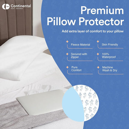 Continental Bedding Feather Proof, Waterproof and Down Proof Zippered Fleece Pillow Protectors Plush Comfort for Enhanced Sleep Quality King Size 20" x 36" Set of 2