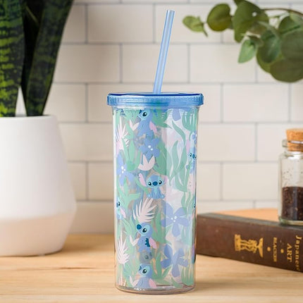 Gobelet haut en plastique Silver Buffalo Disney Lilo et Stitch à motif floral et feuilles avec couvercle et paille, 591 ml