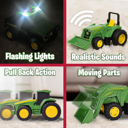 John Deere Mini Farm Vehicles 3 Pack, Toy Vehicles with Lights, Sounds and Friction Rev Motor, 7R Series Tractor, 6105M Tractor and Gator, Party Favor and Gift for Kids 3+