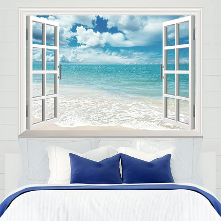 FLFK Fake Window Wall Sticker - Summer Beach Faux Window Wall Mural, Stick and Peel Wall Decals, 48"x32", Set of 2 Sheets