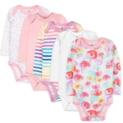 HonestBaby Boys and Girls 5-Pack Organic Cotton Long Sleeve Bodysuits - pink - 12 Months