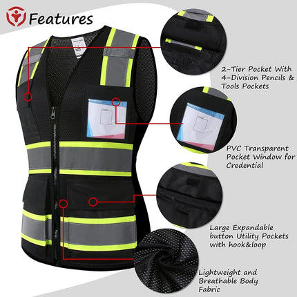 Safety Vest for Men Women Reflective Construction Vest Hi Vis ANSI Standard, Black-w, Small