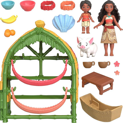 Mattel Disney Moana 2 Toys, Moana & Simea Village Home Playset with 2 Small Dolls, Pua Figure & 15 Accessories