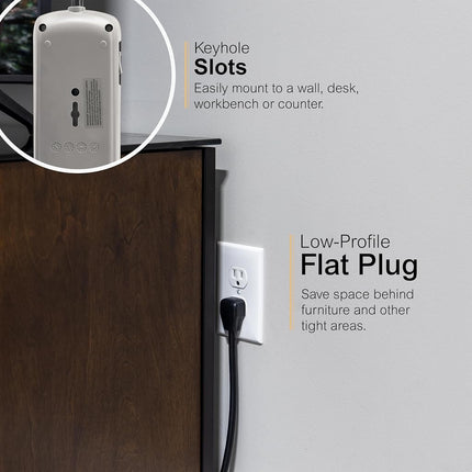GE, Black, Strip Surge Protector Charger, 7 Outlets, 2 USB Ports, Fast Charge, Flat Plug, Long Power Cord, 3 Feet, Wall Mount, Warranty, 37054, 3 Ft
