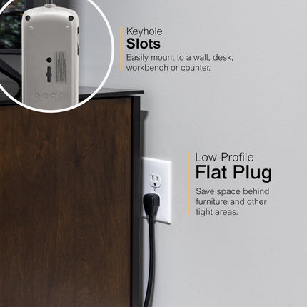 GE, Black, Strip Surge Protector Charger, 7 Outlets, 2 USB Ports, Fast Charge, Flat Plug, Long Power Cord, 3 Feet, Wall Mount, Warranty, 37054, 3 Ft