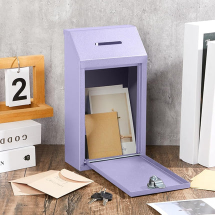 Yaocom Metal Donation Box Collection Box Safe Suggestion Box with Lock Wall Mounted Mailbox Delivery Ballot Box Key Box for Home Office Outdoor Door (Morandi Purple,10.24 x 5.71 x 2.95 Inch)
