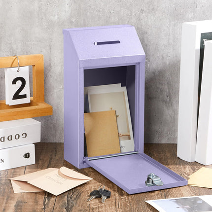 Yaocom Metal Donation Box Collection Box Safe Suggestion Box with Lock Wall Mounted Mailbox Delivery Ballot Box Key Box for Home Office Outdoor Door (Morandi Purple,10.24 x 5.71 x 2.95 Inch)