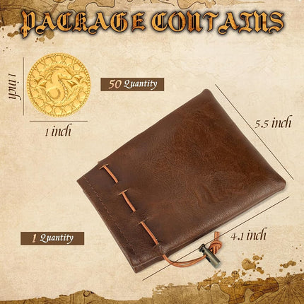Byhoo 50 PCS DND Fantasy Metal Gold Coins & Leather Pouch for Dungeons & Dragons Novelty Tabletop RPG Board Games Tokens Treasure Coins for Party Tablelap Games Accessories Addons Medieval Game