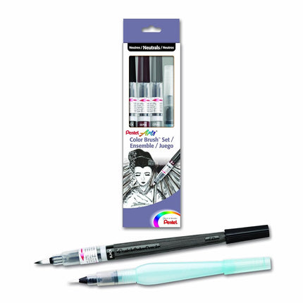Pentel Arts Color Water Brush Box Set, Black/Grey/Sepia/Aquash (GFLFRHBP)