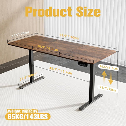ERGOMAKER Electric Standing Desk 160x70cm Black Frame+ Rustic Brown Desktop