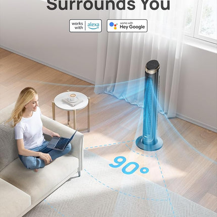 Dreo 40'' WiFi Tower Fan, 26ft/s High-Speed Cooling, Quiet Floor Fan with Remote, 90� Oscillating Fan, 4 Modes, 8H Timer, Touch Control, Standing Cooling Fan for Bedroom, Home, Office Room, Gold