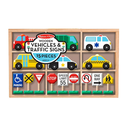 Melissa & Doug 3177 599038323477 Wooden Vehicles and Traffic 6 Cars and 9 Signs, Multi, 1 EA