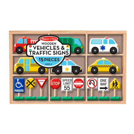 Melissa & Doug 3177 599038323477 Vehículos de madera y tráfico 6 coches y 9 señales, multicolor, 1 unidad