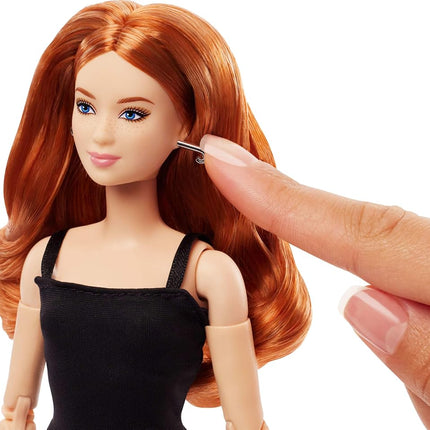 Barbie Mattel Basics Model 04 Collector Doll with Red Curly Hair, Black Mini Dress & Boots, Universal-fit Fashions, Posable Petite Body & Swappable Doll Head, JBH74