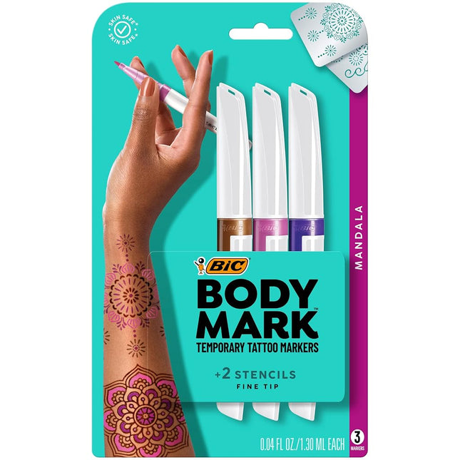 Bic BodyMark Temporary Tattoo Marker with Fine Tip, Mandala, Assorted Colors, Pack of 3 Markers + 3 Stencils