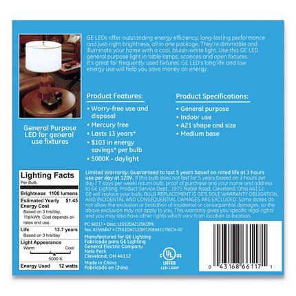GE Lighting 66117 Dimmable LED A19 Light Bulb with Medium Base, 14-Watt, Daylight, 2-Pack
