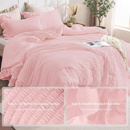 JOLLYVOGUE Seersucker Comforter Set, 3 Pieces Bed in a Bag Comforter Set, Lightweight & Fluffy Bedding Sets for All Season with 1 Ruffle Comforter and 2 Ruffle Pillowshams, King, Pink