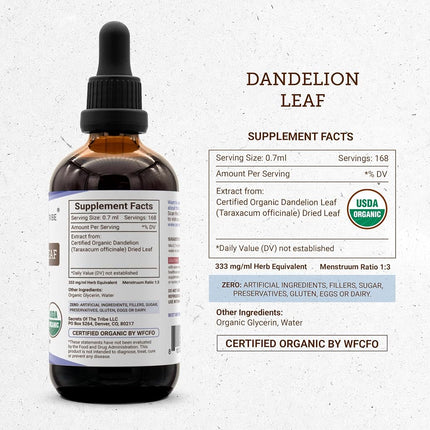 Dandelion Leaf Tincture Alcohol-Free Liquid Extract, Organic Dandelion (Taraxacum Officinale) Dried Leaf 4 FL OZ