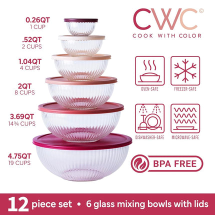 Cook with Color 12 Pc Glass Mixing Bowl Set with Lids – Borosilicate Glass Nesting Bowls for Cooking, Baking and Meal Prep, Fluted Rose