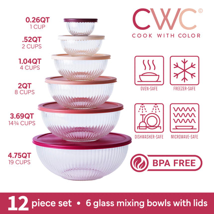 Cook with Color 12 Pc Glass Mixing Bowl Set with Lids – Borosilicate Glass Nesting Bowls for Cooking, Baking and Meal Prep, Fluted Rose