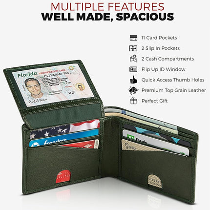 Billetera de cuero tipo bífold RFID para hombre con identificación desplegable en Vintage Buffalo Brown, Buffalo Wild Green Trail, Classic