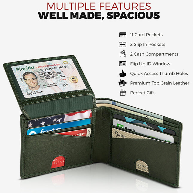 Billetera de cuero tipo bífold RFID para hombre con identificación desplegable en Vintage Buffalo Brown, Buffalo Wild Green Trail, Classic