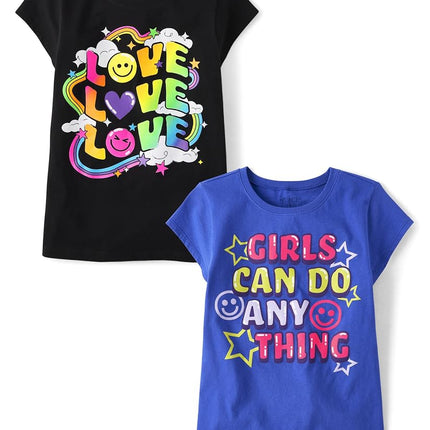 Lot de 2 t-shirts graphiques à manches courtes The Children's Place Girl Power, modèles Love/Girls Can Do Anything, taille très petite