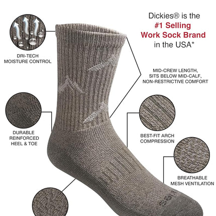 Dickies Men's Dri-tech Moisture Control Mid-Crew Socks, Available in M-XL (6, 12, Comfort Length Olive Assort (6 Pairs), Large (Pack of 6)