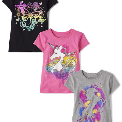 The Children's Place Girls' Short Sleeve Graphic T-Shirt 3-Pack, Grey Unicorn/Multi Unicorn/Neon Butterfly, 14